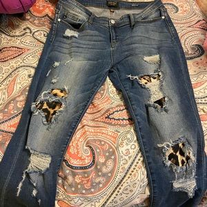 Leopard patch distressed denim